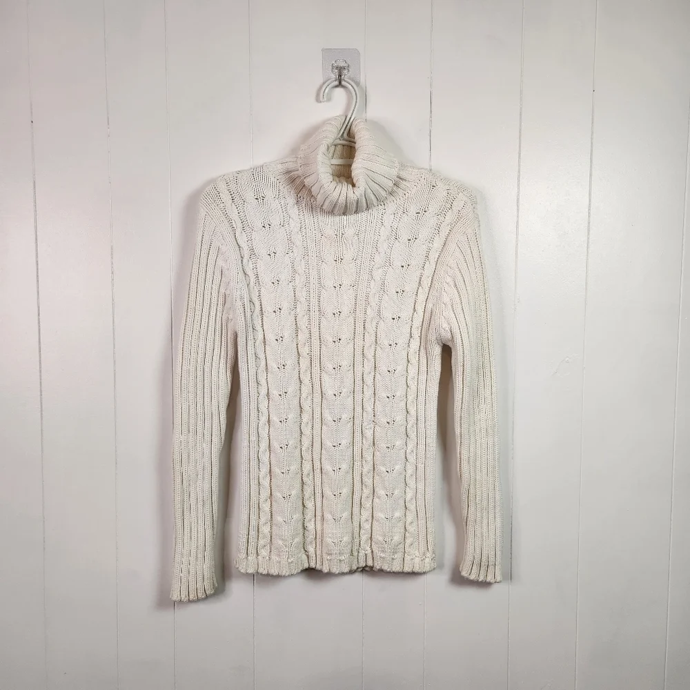 Vintage 90s White Turtleneck Cable Knit Long Sleeve Sweater 1990s Cotton Preppy - Picture 1 of 9